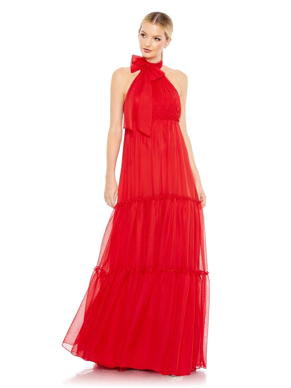 Ieena For Mac Duggal Chiffon High Neck Halter Bow Gown 2 4 12 55848 NWT $498 Red
